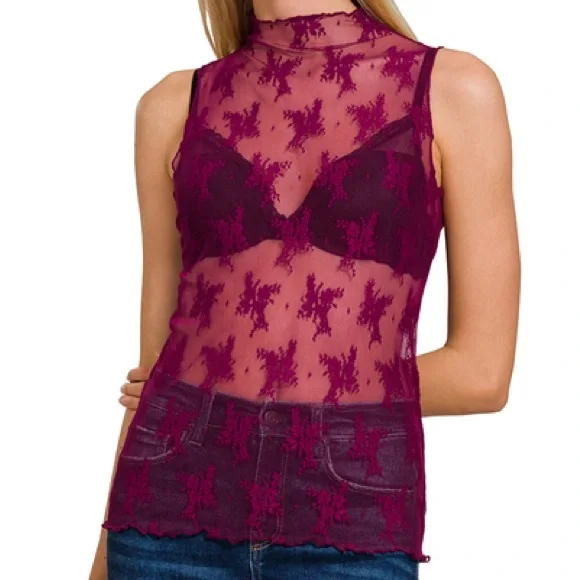 The “Boho Lace Tank” Sleeveless Lace Top | Red Wine - Picture 2 of 3
